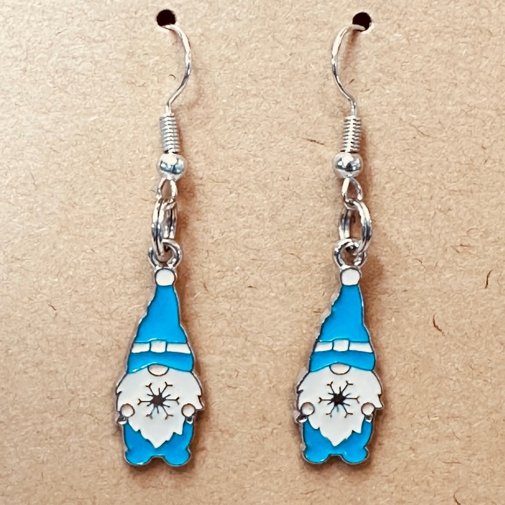 Stainless Steel Earring Hooks Sm Gnome Blue Hat & Pants Slver Snowflake Handmade